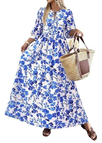 KIRUNDO Summer Dresses for Women 2026 Spring Wedding Guest Boho Floral 3/4 Sleeve Beach Vacation Cruise Flowy Maxi Dress(Blue, Small) - Image 1