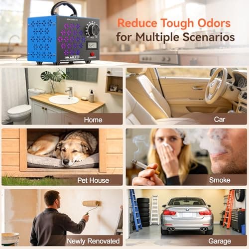 120,000mg/h Ozone Generator Machine with Temp/Humidity Display, Triple Side Vents for Enhanced Airflow - Faster & Wider Ozone Odor Eliminator Air Purifier for Home Car Pets, Up to 6000 Sqft, Blue - Thumbnail 4