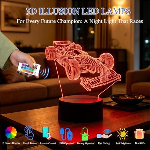 Paesteffe 3D LED Night Light for Kids, Formula 1 Racing Car Intelligent Illusion Lamp, 16 Color LED F1 Night Lamp Remote Control for Children's Room Decoration and Children's Gifts - Thumbnail 3