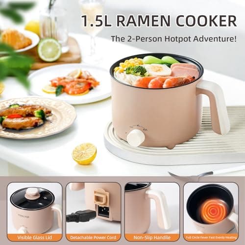 KERZION Hot Pot Electric 1.5L, Portable Ramen Non-Stick Cooker for Noodles, Soup, Oatmeal, Ramen Pot with Boil Dry Protection for Dorm, Office, Travel - Thumbnail 3