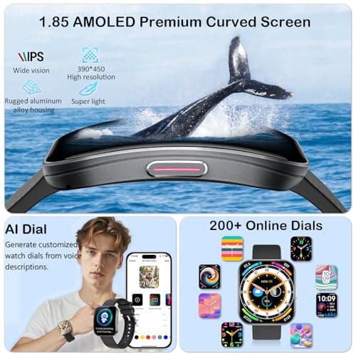 Smart Watch for Men Women, Bluetooth Calls, AI Dial, AI Q&A, 1.85" HD AMOLED Curved Display Fitness Watch with Blood Pressure Sleep Heart Rate Monitor, 110+ Sports Waterproof IP68 Smartwatch, Black - Thumbnail 2
