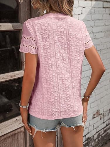 RICHSTORY Summer Tops for Women 2026 Casual Crewneck Short Sleeve Shirts Cute Ladies Top Comfy Spring Dressy Blouses Women's Clothing Pink XX-Large - Thumbnail 6