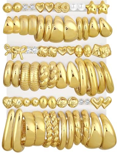 36 Pairs Chunky Gold Hoop Earrings Set for Women, Gold Plated Lightweight Open Twisted Earring Multipack, Thick Big Heart Bow Stud Hoops Earring Stack for Gift - Image 1