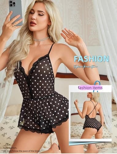 Avidlove Sexy Sleepwear for Women Floral Romper Criss Cross Backless Adjustable Bodysuit Polka Dot XL - Thumbnail 3
