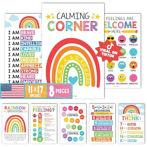 Hadley Designs Calming Corner Posters for Classroom Decor -8 Calm Down Corner Supplies Classroom Must Haves, 11x17 Feelings Emotions Chart for Kids, Rainbow Mental Health Posters for School Counselors - Image 1