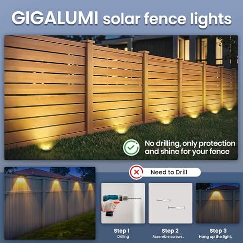GIGALUMI Solar Ground Lights - No-Drill Fence Lighting Solution, Waterproof Perimeter Lights Compatible with Wood, Metal & Concrete Fences (12 Pack Warm White) - Thumbnail 2