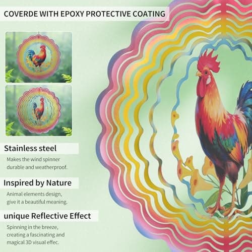 Eandisom Wind Spinners Outdoor Chicken - Birthday Gifts for Women Mom Grandma, Rooster Deocr Hanging Wind Spinner 12 inch 3D Wind Sculptures for Garden Decor for Outside, Patio, Yard, Outdoor - Thumbnail 3