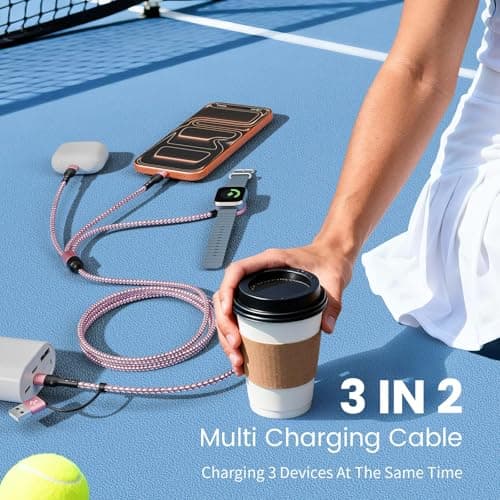 Travel Essentials & Car Accessories, 3 in 2 Multi Charging Cable USB C Multiple Travel Charger, USB A/C to USB C/iWatch Charger/IP, for iWatch Series/Ultra/SE& iPhone 17-8/Galaxy S26/25/Note/iPad-5FT - Thumbnail 2