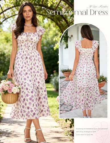 GRACE KARIN 2026 Women's Spring Floral Midi Dress Beach Wedding Guest Dresses Flowy A Line Casual Summer Clothes Purple Floral M - Thumbnail 5