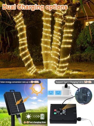 Larger Tube Solar Rope Lights 200LEDs Waterproof,Rechargeable Battery,Dual Charging,39FT Outdoor String Light,Remote-Control,for Pathway Patio Garden Palm Tree Christmas (Brighter - Warm White) - Thumbnail 2