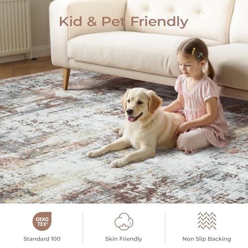 Carpelux 5x7 Area Rugs, Abstract Modern Machine Washable Rugs for Living Room, Neutral Soft Non-Slip Thin Print Floor Carpet for Bedroom Kids Room, Rust Red - Thumbnail 4