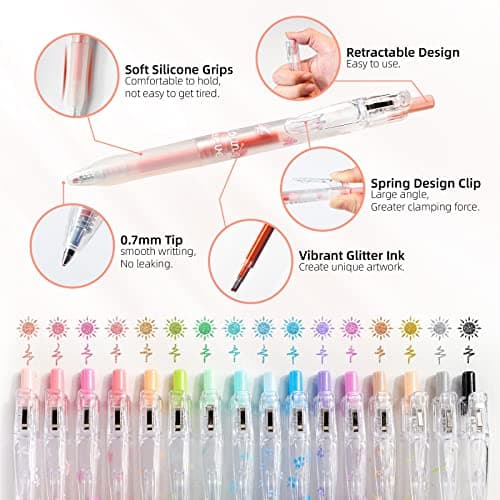 HANKU Glitter Gel Pens, 16-Color Cute Glitter Pens for Girls and Adult Coloring, Journaling, Scrapbooking, Drawing, DIY Crafts, 0.7mm Retractable Sparkle Pen with Comfort Grip, School & Art Supplies - Thumbnail 2