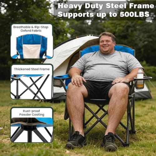 SUNNYFEEL Camping Chairs for Adults, Oversized Camping Chair Heavy Duty 500LBS, Portable Lawn Chair with Cup Holder, Side Pocket&Bag for Outdoor Camping/Beach/Picnic/Fishing, Blue - Thumbnail 5