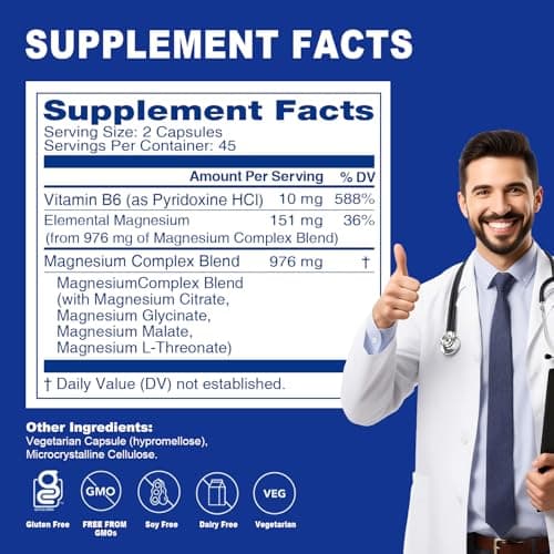 5 in 1 Magnesium Complex Capsule 976mg wtih Magnesium Glycinate, Citrate, Malate, L-Threonate & Vitamin B6, High Absorption Magnesium Complex for Women & Men, Third-Party Tested, Vegan, Non-GMO - Thumbnail 2
