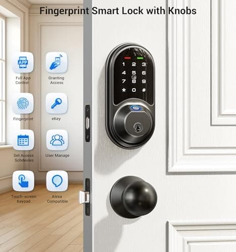 Veise RZ07C Smart Locks for Front Door, 2 Knob Handle Set, Fingerprint Keyless Entry, App Control Biometric Lock, Electronic Digital Touchscreen Keypad Deadbolt, Easy Install, Auto Lock, Matte Black - Thumbnail 4