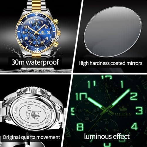 OLEVS Watch Men Luxury Chronograph Moon Phase Large Blue Face Waterproof Analog Quartz Wrist Watches for Men Fashion Silver and Gold Stainless Steel Luminous Nice Mens Watches Relojes para Hombres - Thumbnail 5