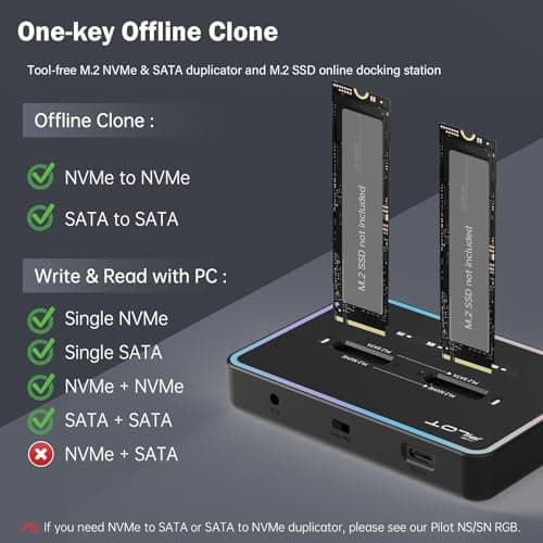 AMZPILOT M.2 Duplicator Cloner Dual-Bay Offline USB C to NVME SATA Docking Station, M.2 Reader 20Gbps for Both (M Key, B+M Key) PCIE NGFF Dock, Size 22110 2280 2260 2242 2230 Enclosure - NN/SS RGB - Thumbnail 2