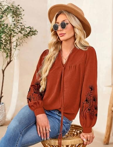 LOOKBOHO Womens Boho Tops V Neck Embroidered Shirt Long Sleeve Dressy Casual Vacation Trendy Blouses Brown XXL - Thumbnail 4