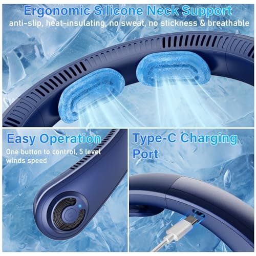 Neck Fan - Portable Neck Fan with Neck Support, 5 Speeds, All Around Airflow, Hand-free Bladeless Personal Cooling Fans, Rechargeable Wearable Fan for Outdoor and Indoor, Festival Gifts for Men Women - Thumbnail 5