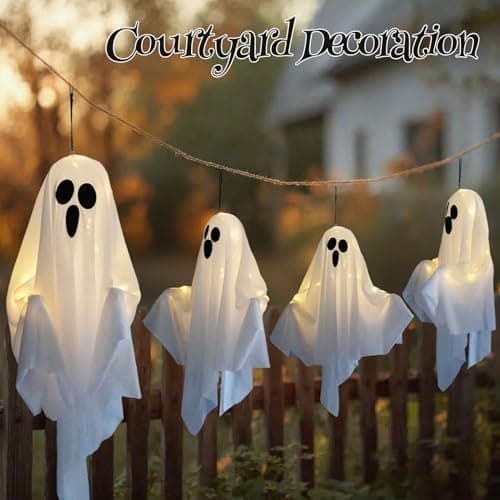 Halloween Hanging Ghost Lights Decorations, Warm White LED, Swinging Ghost Home Decor, 3 Modes Adjustable, Party Garden Yard Scary Cute Spooky Gifts (White 2Pack) - Thumbnail 4