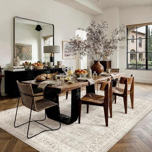 HUGEAR 5x7 Area Rugs Machine Washable Retro Grey Living Room Bedroom Rug Distressed Vintage Neutral Stain Resistant Non Slip Low Pile Throw Carpet for Home Aesthetic Decor - Thumbnail 3