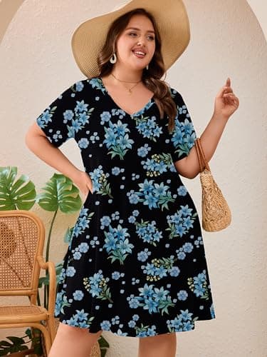 AusLook Plus Size Midi Dress for Women Black Blue Lily Bouquet 4X Short Sleeve Loose V Neck Summer Casual A Line Knee Length Work Outfit T Shirt 2026 Sundresses with Pockets - Thumbnail 3
