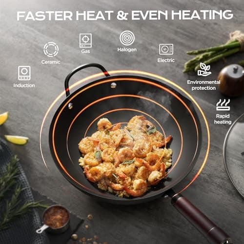 FGJ Wok, 13 Inch Carbon Steel Wok Pan Set 6PCS & Stir-fry Pans Nonstick, Pre-Seasoned 5.8QT Flat Bottom Chinese Woks Roasting Pan Set, Carbon Steel Cookware, Compatible with All Cooktops - Thumbnail 5