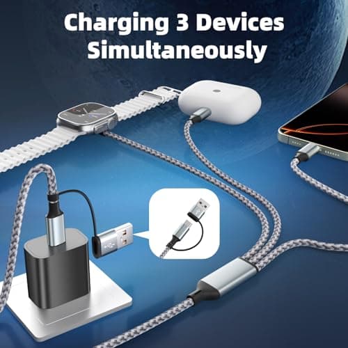 Travel Essentials 3 in 2 Charging Cable for Phone Watch Charger, USB A/USB C Multi Charging Cable/Cord for All Devices Compatible for iWatch Ultra/SE/11-2, iPhone17 15 14, Android, More - 5FT - Thumbnail 2