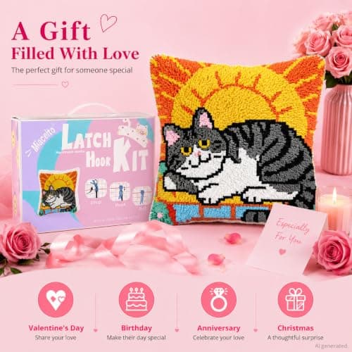Miaceito Cute cat Latch Hook Kits for Adults Beginners,DIY Pre-Printed Latch Hook Pillow Kits Includes Wooden Hook Tool,17x17 Inch Home Decor Sofa Cushion Gift for Mom - Thumbnail 2