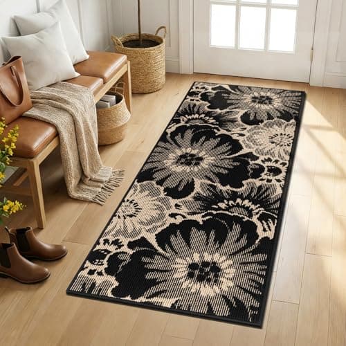 Findosom Hallway Runner Rug 2x6, Non Slip High-Low Textured Floral Washable Runner Rug with Rubber Backing, Boho Carpet Runner for Kitchen, Entryway, Bedroom, Laundry, Black & Beige - Thumbnail 6