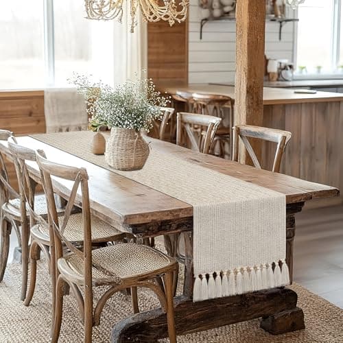 yuboo Boho Table Runner 72 Inches Long, Rustic Farmhouse Dresser Runners for Bedroom, Beige Linen Woven Table Runner with Tassels for Dining Room, Coffee Table, Wedding Decor, Vintage Home Decor - Thumbnail 6