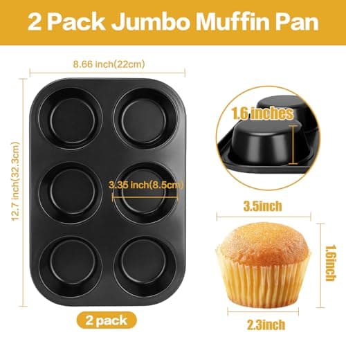 Shinsin Jumbo Muffin Pan 6 Cup, 2-Pack Nonstick Extra Large Muffin Tin for Baking, Durable Non-Toxic Carbon Steel, 3.35'' Diameter, 1.77'' Deep Muffin Mold, Deep Cup Design - Thumbnail 2