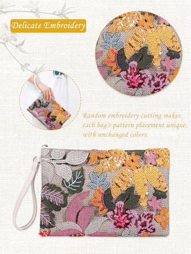 EGOUE Clutch Purses for Women, Embroidered Floral Clutch Bag with Leather Wrist Strap for Daily Travel, Parties & Wedding - Thumbnail 4