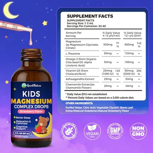 Kids Magnesium Liquid Drops - Magnesium Glycinate Liquid for Kids, Magnesium Supplement with L-theanine, Omega-3, D3 for Sleep, Calm, Relaxation, Brain & Bone Support - Strawberry Flavor 2FL Oz - Thumbnail 3