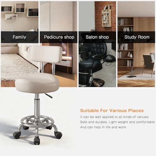 Walktory Vanity Chair with Back Small Armless Office Chair with Wheels and Footrest, PU Leather Adjustable Height Swivel Chair for Bedroom, Home Office White - Thumbnail 5