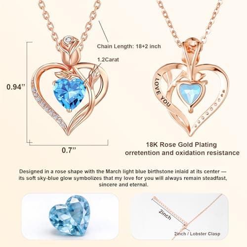 JACUPO Birthstone Rose Gold Necklace for Women(Rose Gold-03-Aquamarine) - Thumbnail 2