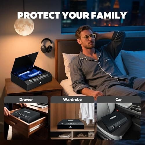 Biometric Gun Safe for Pistols 3-Ways unlock Fingerprint Digital PIN Key Unlock Pistol Safe with Security Cable Gun Lock Box With Interior Light For Nightstand Car & Home Security - Thumbnail 5