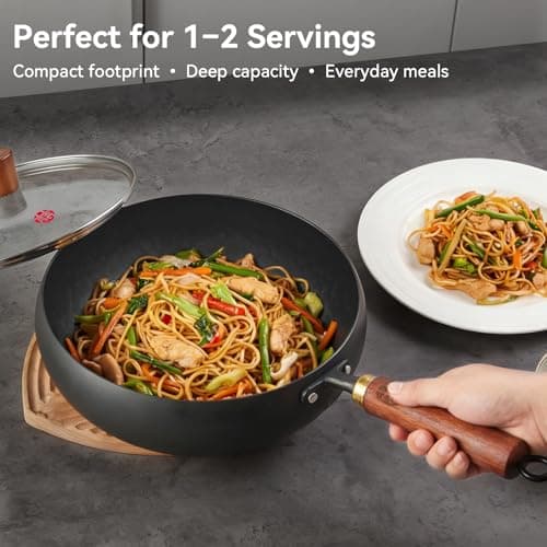 WANGYUANJI 9.5" Carbon Steel Wok - [Heavy-Duty & Thickened Base] - Deep Bowl Stir Fry Pan for Induction, Electric & Gas - Warp-Resistant, Splatter-Free Design with Lid (1-2 Person) - Thumbnail 6