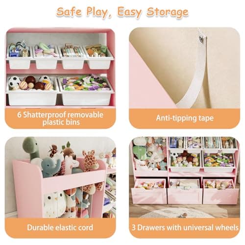 VortinT 50.6" W Large Toy Organizer, Kids Toy Storage with Stuffed Animal Holder, 6 Removable Plastic Bins, 3 Rolling Boxes, Wooden Toddler Bookshelf Organization for Kids Room, Living Room(Pink) - Thumbnail 5