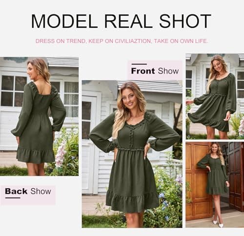 Dokotoo Womens Elegant Dresses 2026 Fashion Crewneck Long Sleeve Empire Waist Dress Casual Ruffle Trim Smocked Flowy Mini Dress Green Small - Thumbnail 5