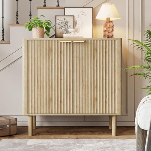 IKALIFE Sideboard Buffet Cabinet with Storage, Modern Fluted Accent Credenza with Doors & Adjustable Shelves, Wood Coffee Bar Console Table for Living Room, Dining Room, Kitchen or Entryway 31.5" Oak - Thumbnail 5