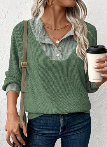 EVALESS Long Sleeve Shirts for Women Fall Clothes Casual Patchwork Button Up V Neck Oversized Sweatshirt Tops Mist Green X-Large - Thumbnail 5
