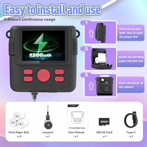 ESOXOFFORE Kids Camera Instant Print, Christmas Birthday Gifts for Kids Age 3-12, Selfie Digital Camera with 1080P Videos,Toddler Portable Travel Cameras Toy for 4 5 6 7 8 9 Year Old Boys Black - Thumbnail 6