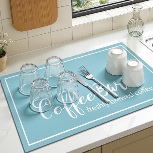 Findosom Dish Drying Mat, 12"x 20" Super Absorbent & Hide Stain Coffee Mat, Cuttable Drying Mat for Kitchen Counter, Coffee Bar Accessories, Under Dish Rack, Coffee Maker, Espresso Machine, Blue - Thumbnail 5