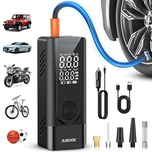 JUSUOX Tire Inflator Portable Air Compressor, Battery & 12V DC Dual Power Air Pump for Car Tires, 150PSI Cordless Bike Tire Pump with Digital Pressure Gauge, LED Light, for Motorcycle, Ball - Image 1