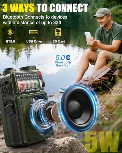 Emgykit R11 Emergency Crank Radio - 4000mAh/14800mWh NOAA/SW/AM/FM, Solar/Hand Crank/USB Charging, Bluetooth Receiver/USB/TF Playback,with Compass,Flashlight,SOS for Camping & Emergencies - Green - Thumbnail 3