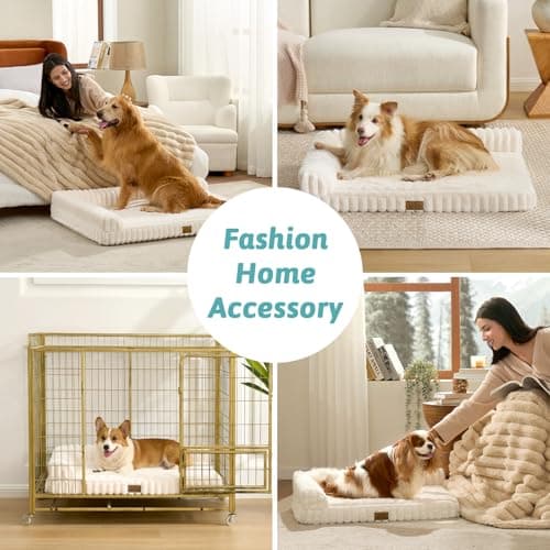 COZY KISS Large Dog Bed, Faux Rabbit Fur Orthopedic Foam Dog Bed with Sides, Removable Washable Cover & Waterproof Lining, Comfortable Pet Couch for Large Dogs, Cream (44" L x 32" W x 7" Th) - Thumbnail 2