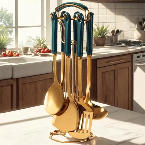 Novellus Stainless Steel Gold Kitchen Utensils Set with Holder, 7pcs Green - Thumbnail 3