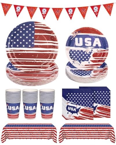 Goodluck 4th of July Plates and Napkins Set, Patriotic Disposable Paper Plates Cups Napkins Tablecloth Banner, Serves 30 Guests, Red White Blue Party Supplies for Independence Day BBQ Picnic