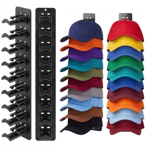 2 Pack Black Hat Organizer For Baseball Caps, Hat Rack For Wall, No-Drill Adhesive or Screw, Wall Mounted Hat Hooks Hold up to 18 Hats For Closet Door Bedroom, Space Saving Baseball Cap Storage